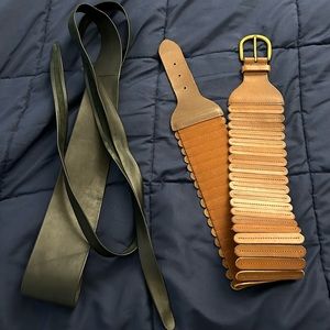 2 leather belts from Anthropologie Black Obi belt OS & Brown wide stretch belt M